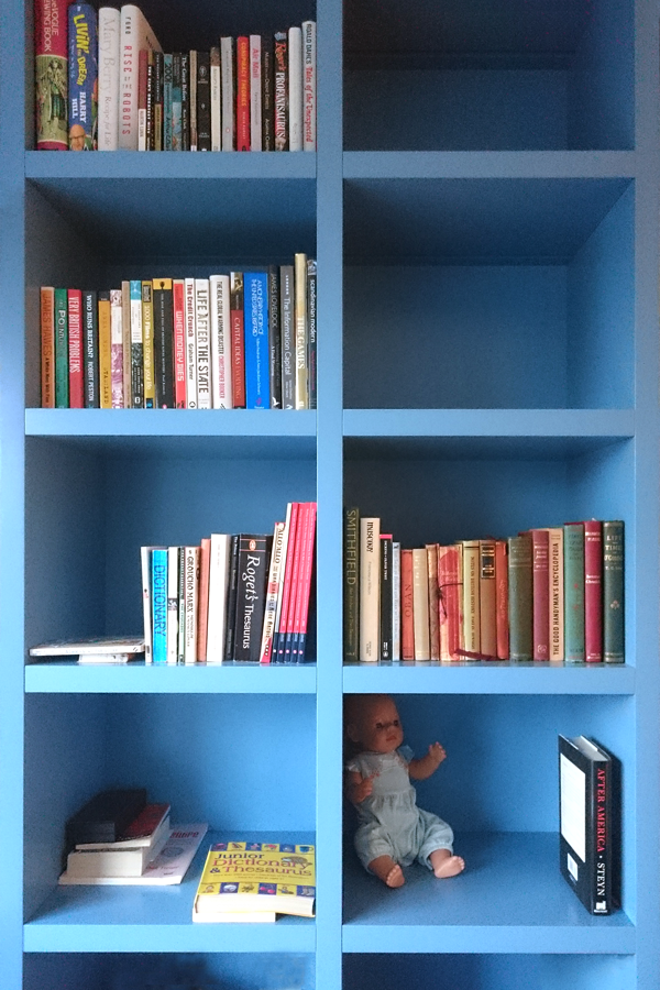 detail of blue bookcase