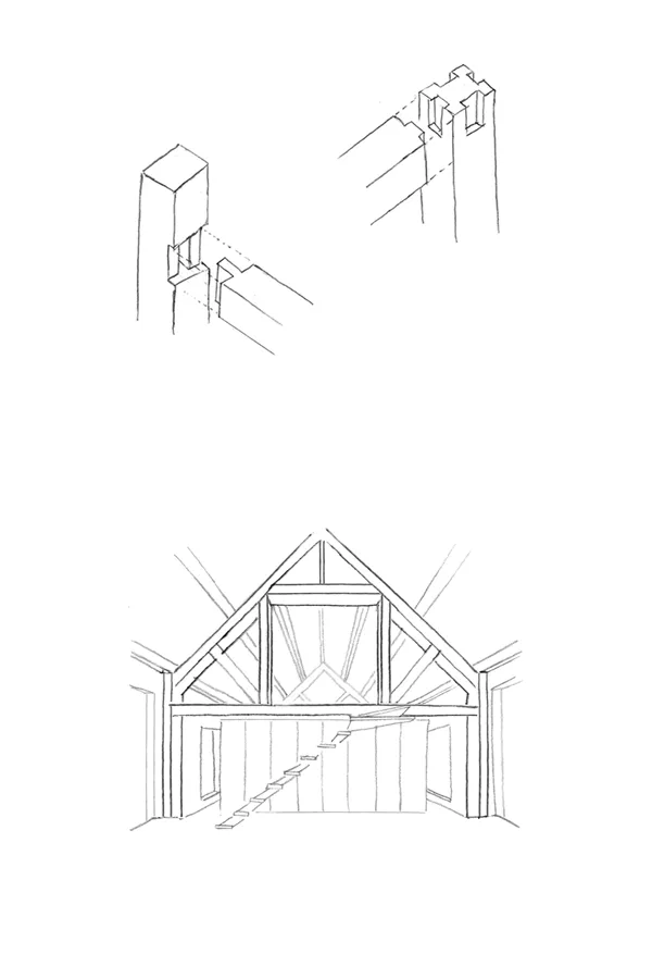 sketches of oak frame and joints for the Club House and Barn