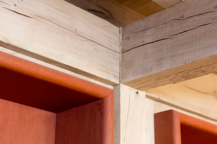 timber joist and red wooden locker detail 