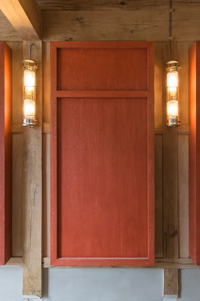 stained red oak locker and lights