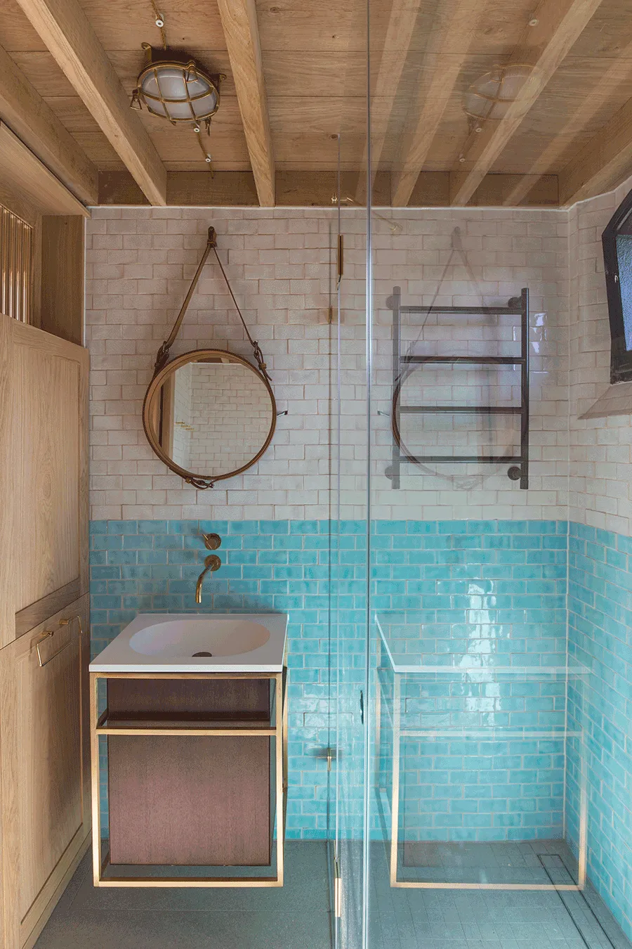bathroom with white and blue hand-made terracotta tiles