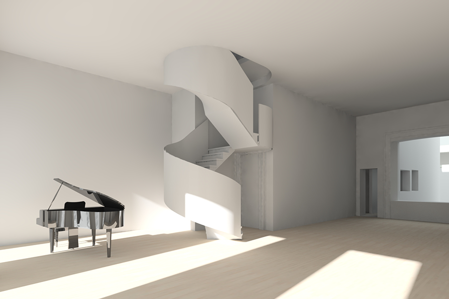 living room with piano and new stair