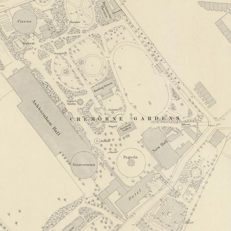 closer look at the 1865 map of the area showing Cremorne Gardens