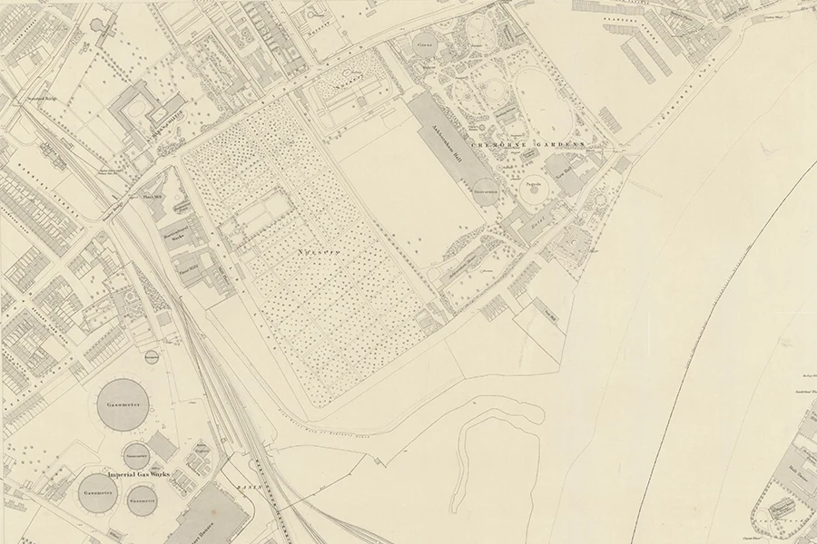 1865 map of the area showing Cremorne Gardens and the nurseries