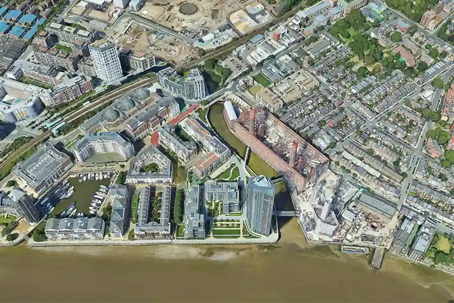 aerial view over Chelsea Harbour to Lots Road, from south east