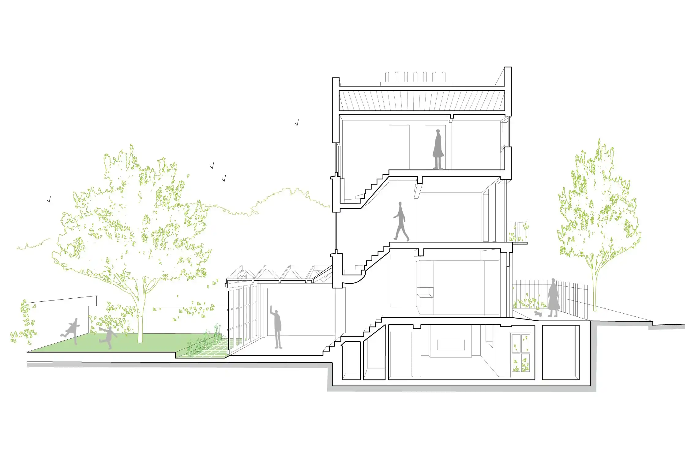 perspective section drawing through house from street to garden