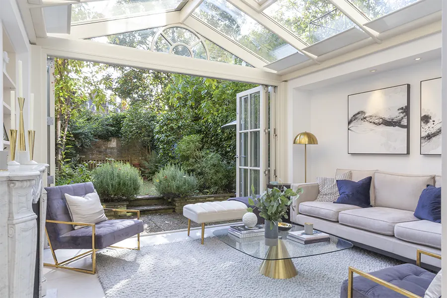 conservatory from entrance, with sliding doors fully open to garden