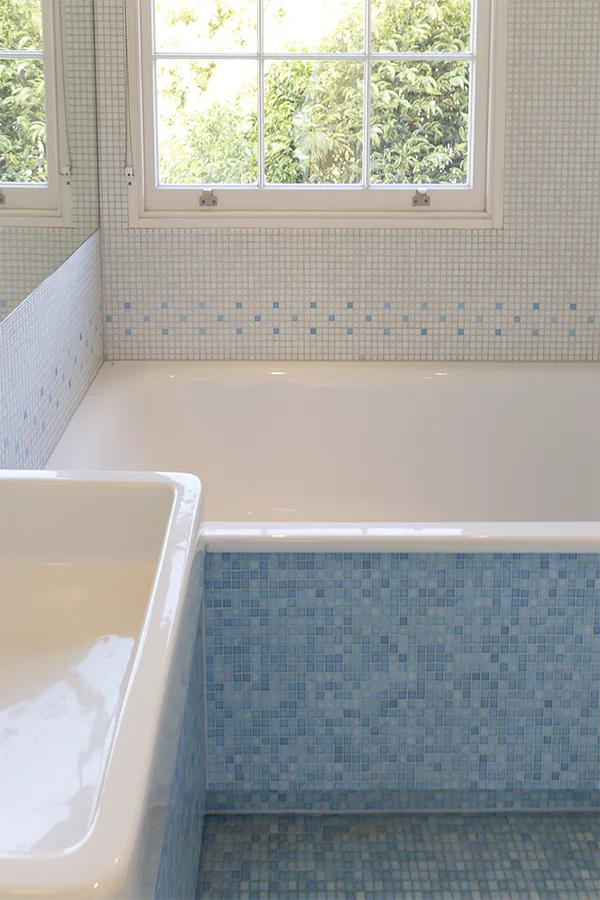 blue and white mosaic to family bathroom