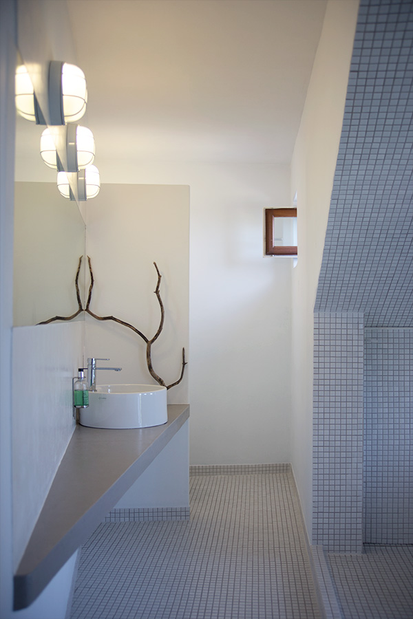 bathroom with concrete counter and mosaic wet area