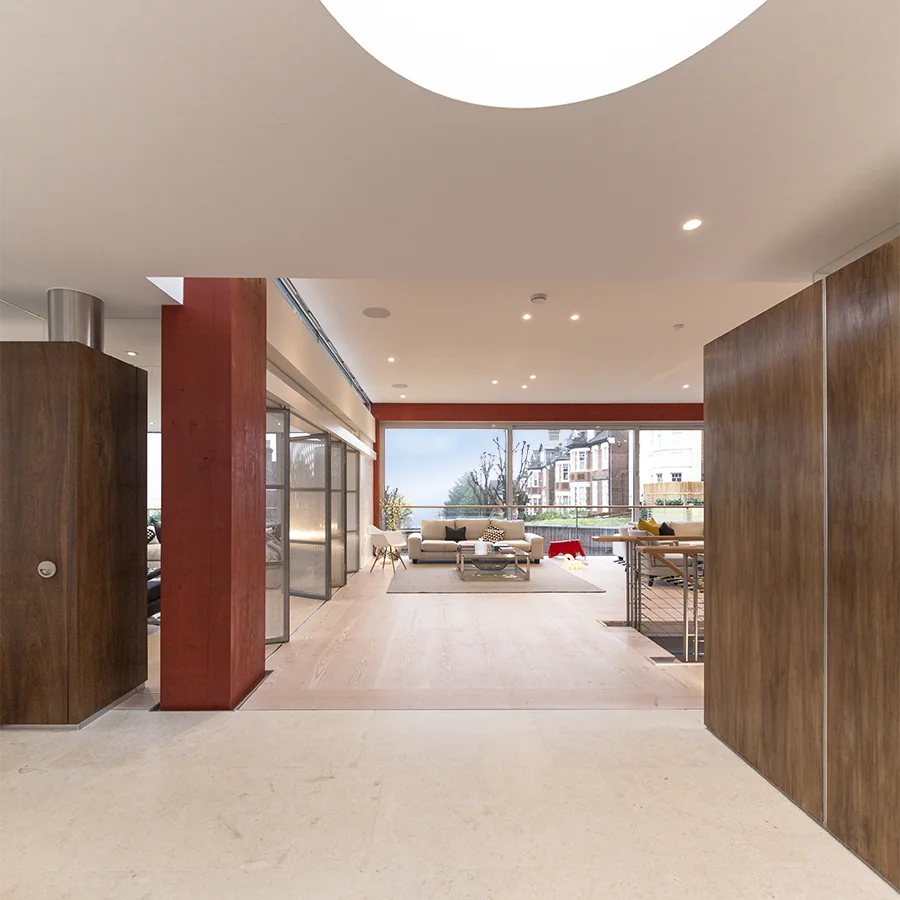 view from entrance hall to living and horizon