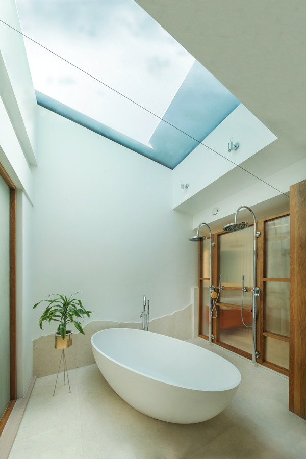 freestanding bath with skylight over in master ensuite bathroom