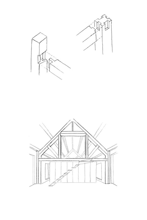 Sketches of oak frame and joints for the Club House and Barn
