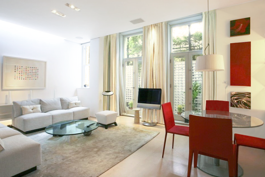 Glazed doors open onto living room, false skylight improves the sense of daylight to dark basement