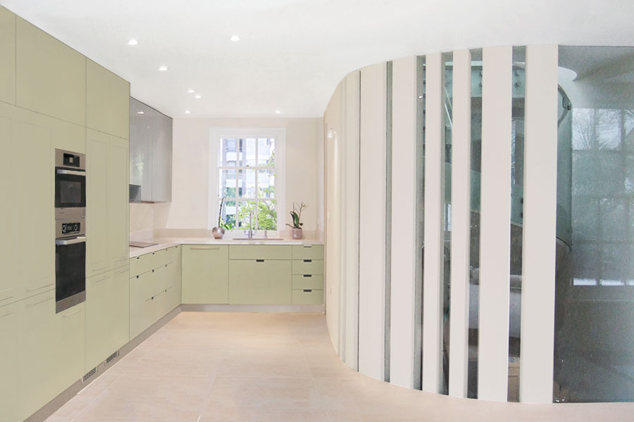 Kitchen opening onto the staircase