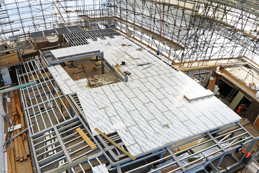Steel frame under construction, viewed from above
