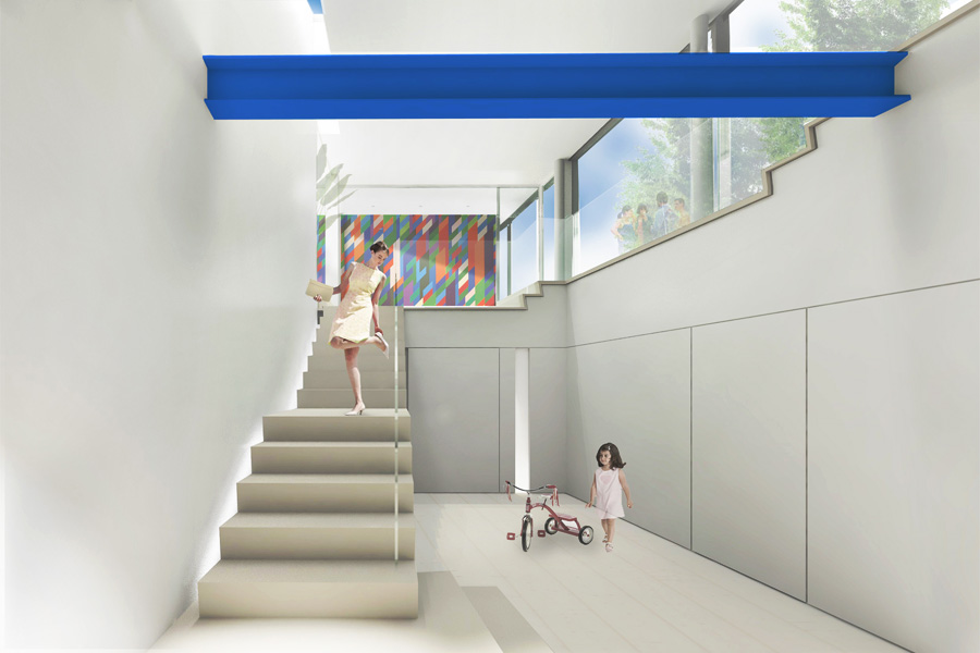 Stair leading to terrace in double-height entrance hall