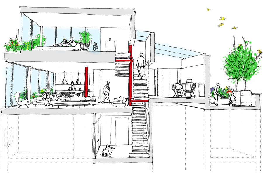 Perspective sketch of floating staircase