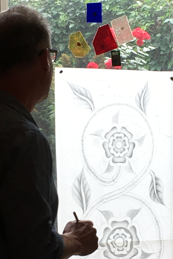 Sample testing and design preparation on site for the stained glass window