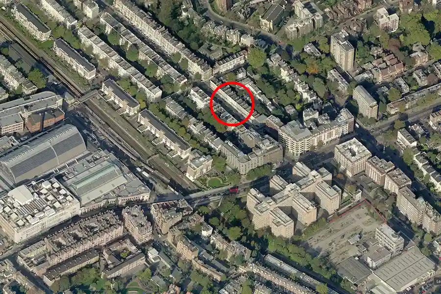 Aerial view of site just off Kensington High Street