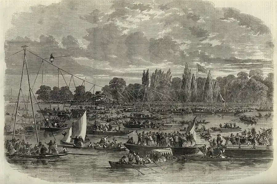 The Female Blondin crossing the Thames from Battersea to Cremorne on a tightrope 1861