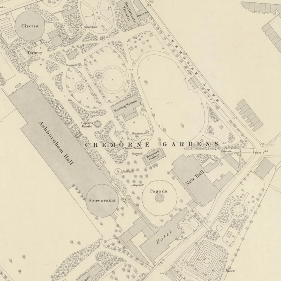 Closer look at the 1865 map of the area showing Cremorne Gardens