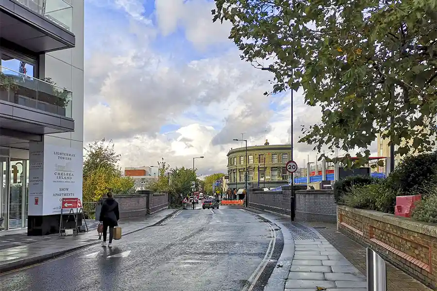 View from Chelsea Harbour to Lots Road with the road bridge in the centre