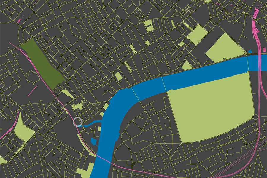 Plan of london streets and green spaces showing site in context