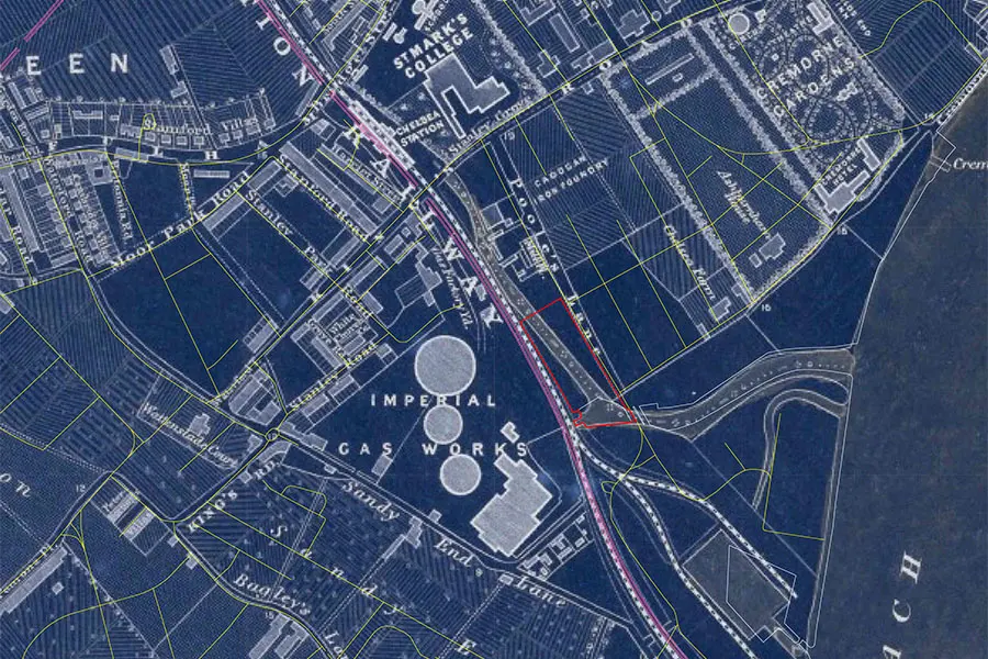 The Lots Road South site overlaid onto an 1862 map of the area, showing the route of the Kensington Canal