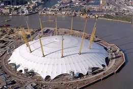 Millennium Dome now The O2 viewed from the air, Greenwich Peninsula London — Richard Rogers Partnership buildings 1996 to 2009