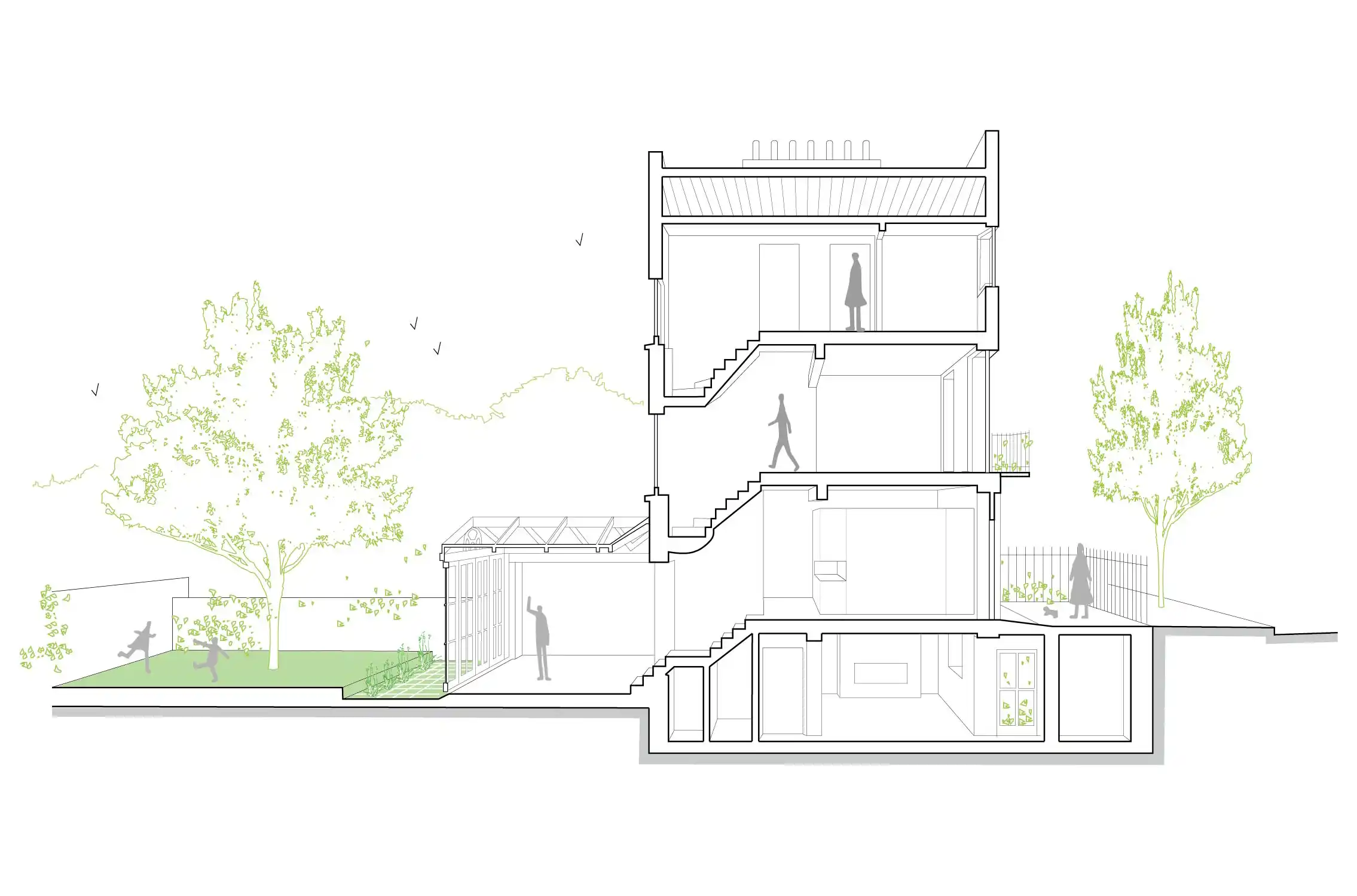 Perspective section drawing through house from street to garden