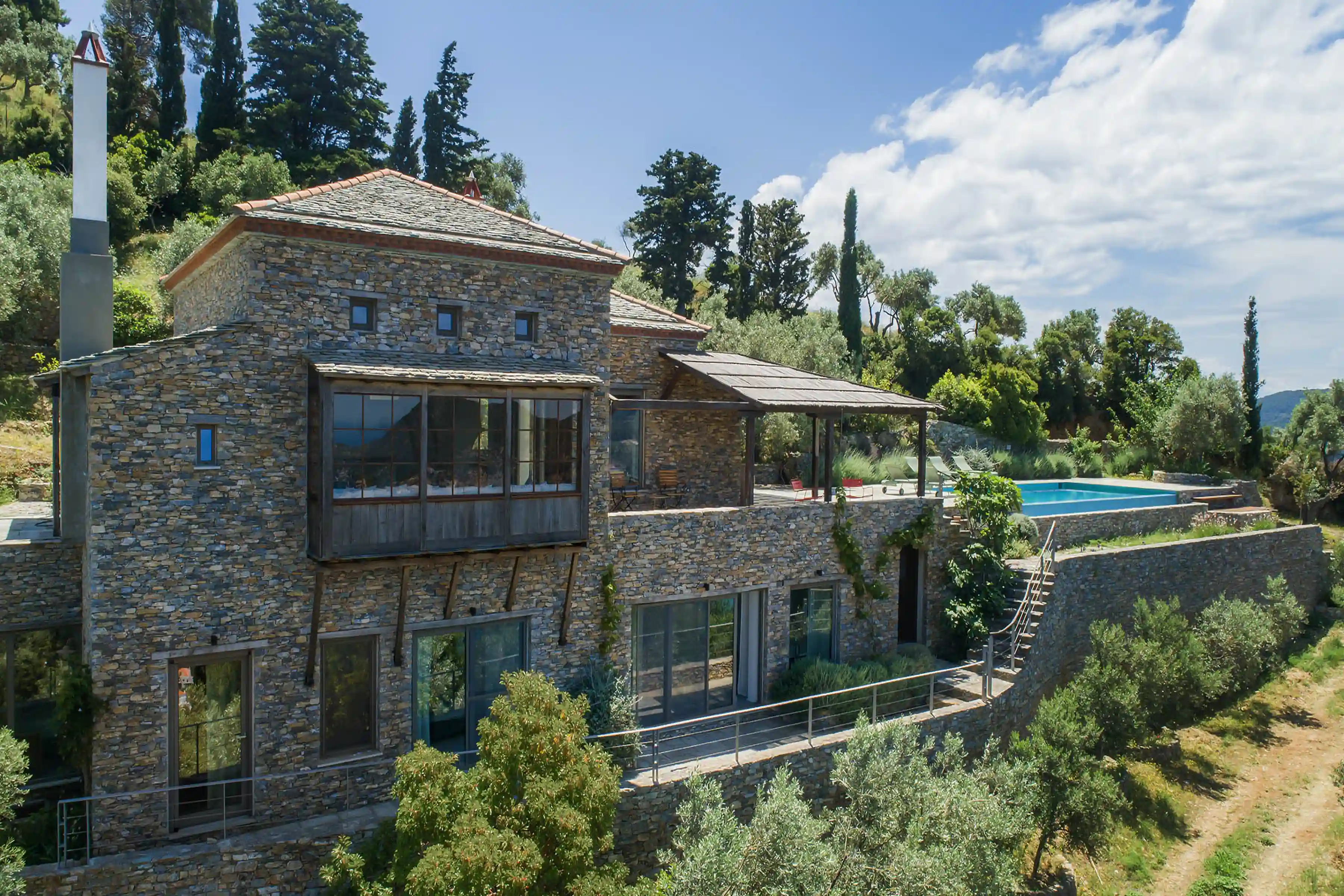 Aerial drone view of the houses on the island