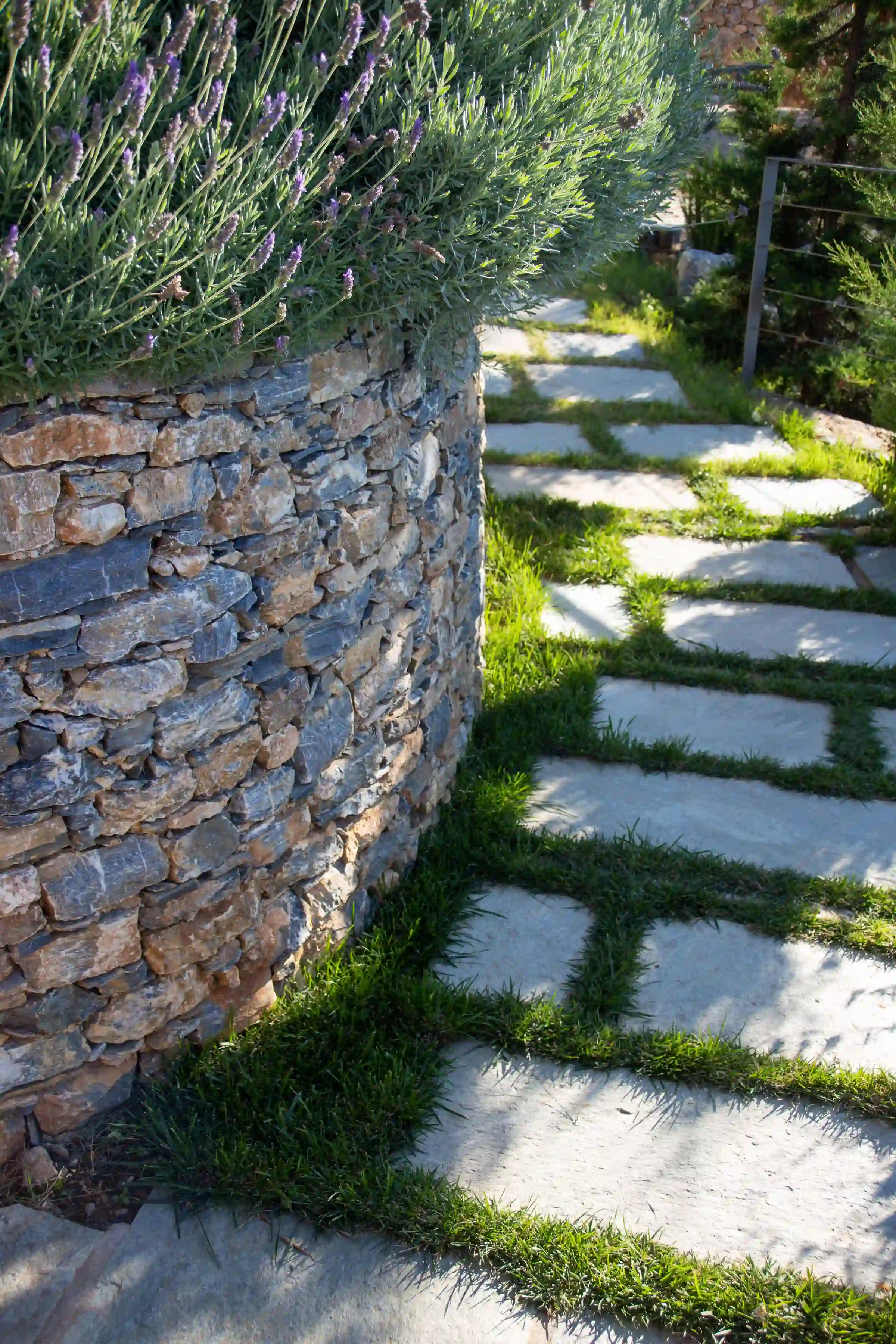 Slate paving to entrance path with stone retaining wall and lavender