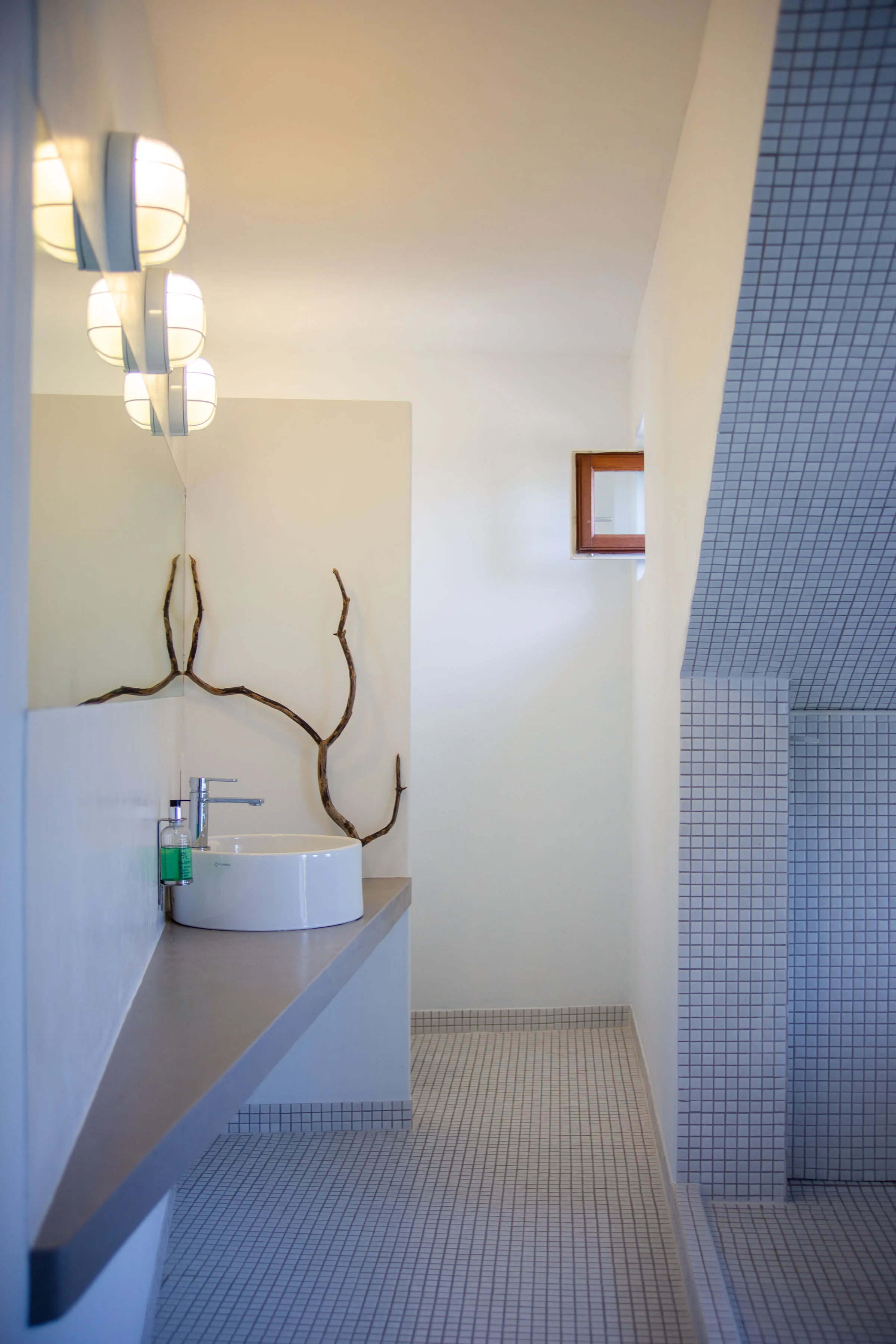 Bathroom with concrete counter and mosaic wet area