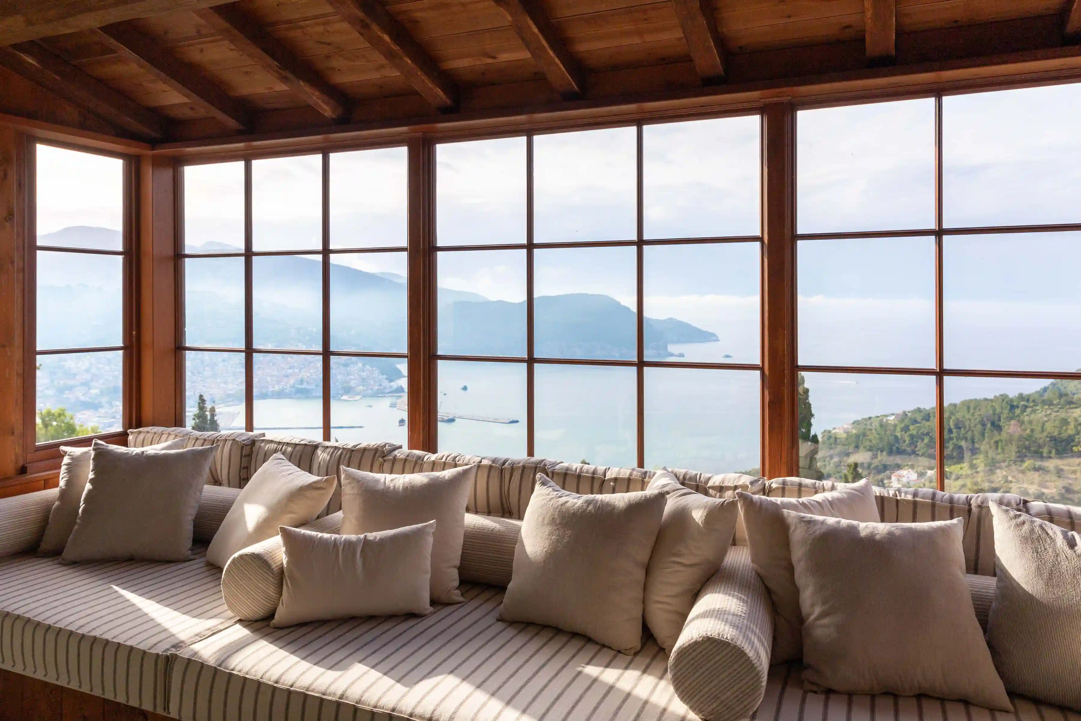 View from the living room seating to the main harbour of Skopelos
