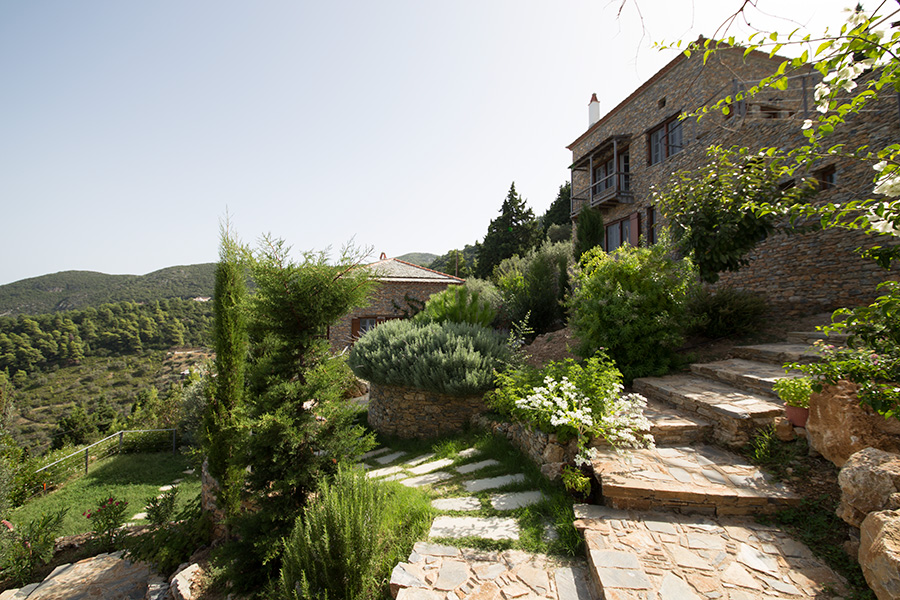 The stone path and the landscape looking east