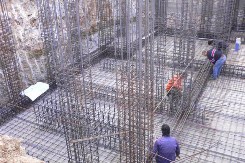 Steel rebar framework for house under construction