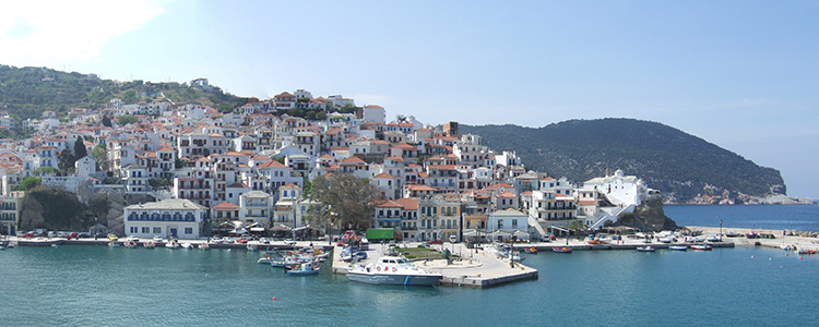 Skopelos harbour viewed from the boat on arrival