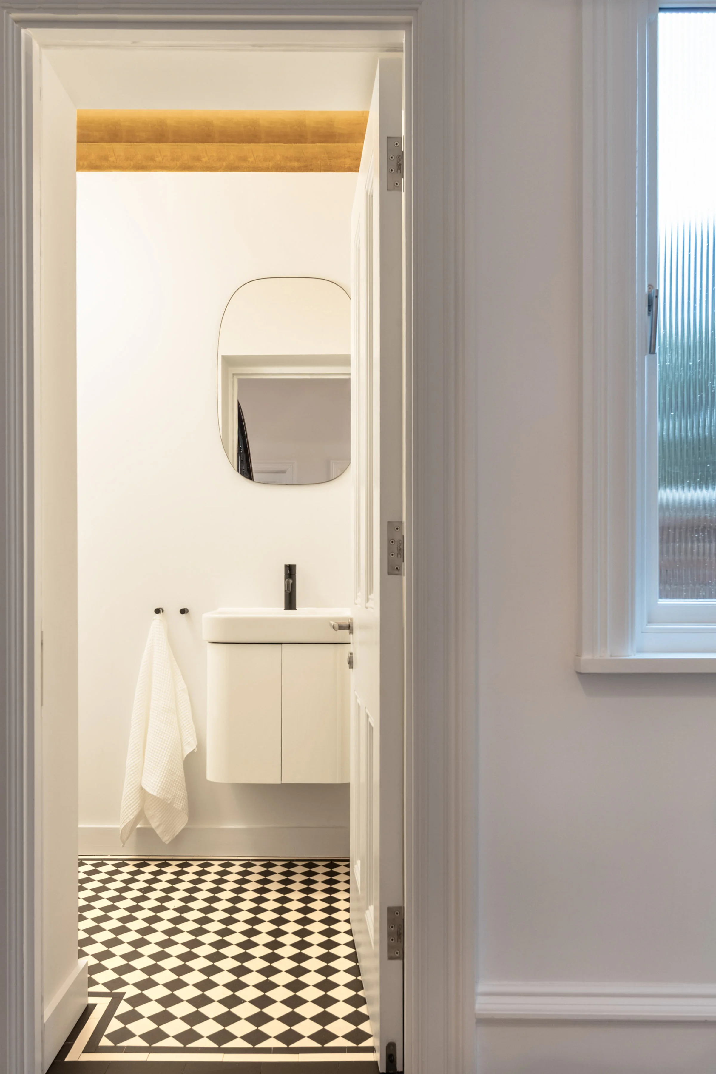 Guest WC at Staverton Road Oxford - black & white encaustic tiles and gold leaf ceiling