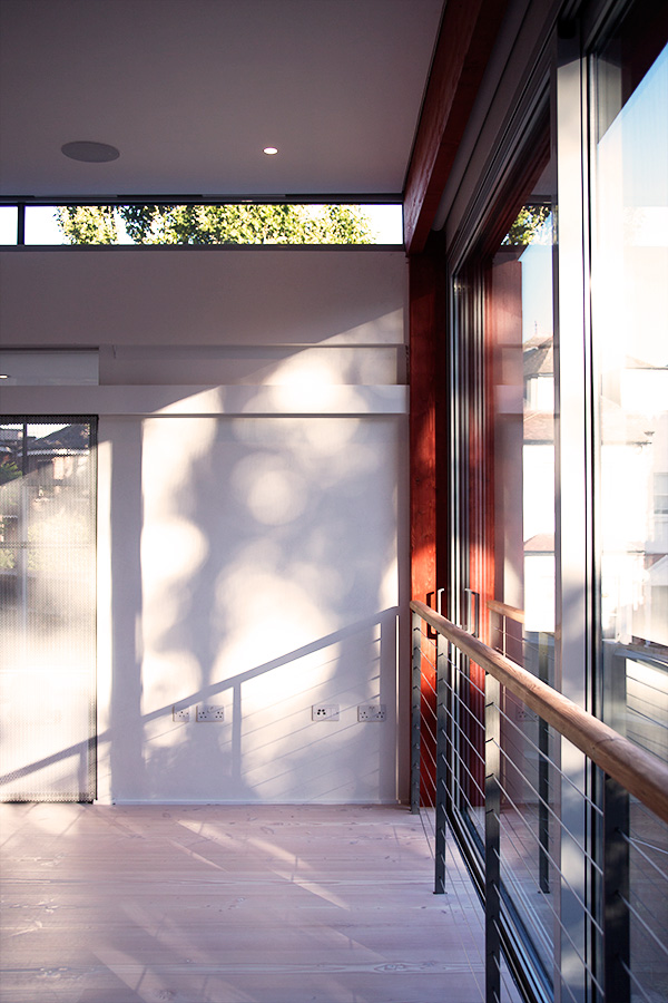 Dappled sunlight on polished plaster wall and glulam in living room