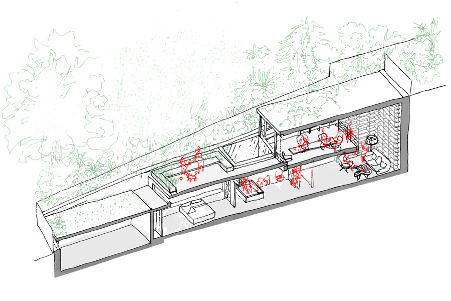 Isometric section through dining and library void, and roof terrace